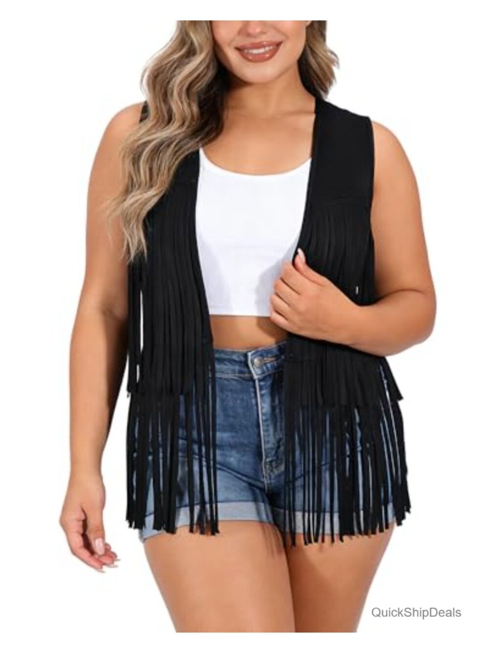 Plus Size Faux Suede Fringe Vest Women L-4XL Sleeveless Tassel Hippie Cowgirl